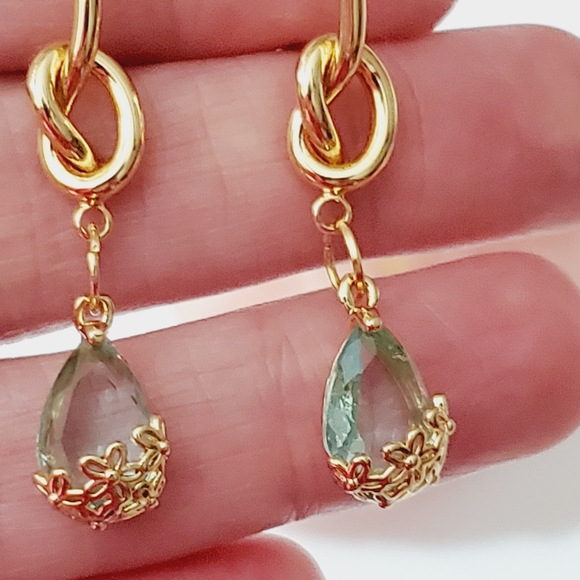 925 earrings ice blue real gold plated flowers aquamarine topaz knot crystal - Picture 11 of 15